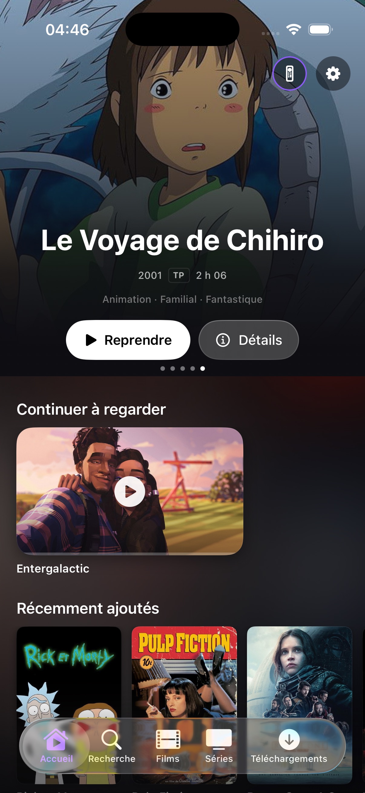 L'accueil de Cineo sur iPhone : la médiathèque en pleine hauteur