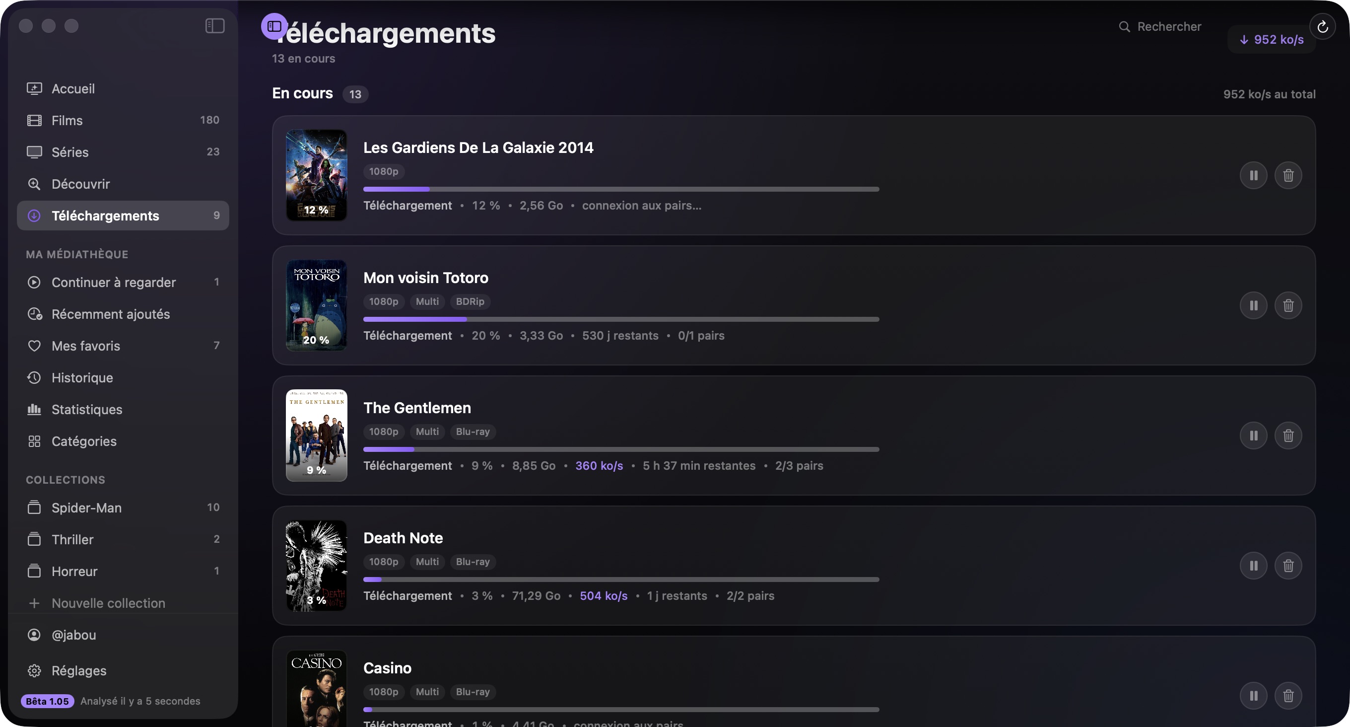 L'écran Téléchargements de Cineo : la liste des transferts en cours avec leur progression